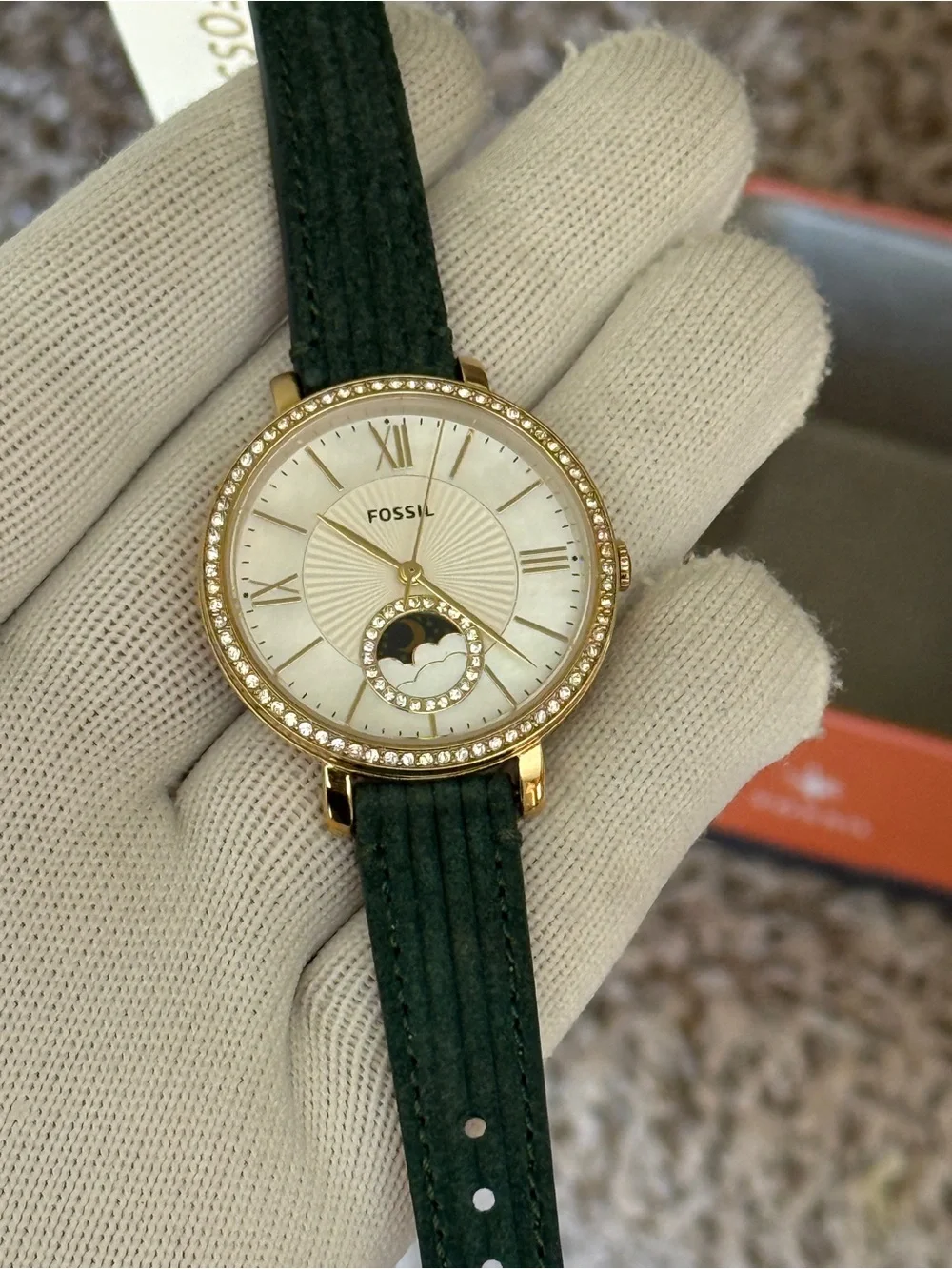 Fossil Women's Jacqueline Moonphase Green Leather Strap Gold Crystal Dial Watch
